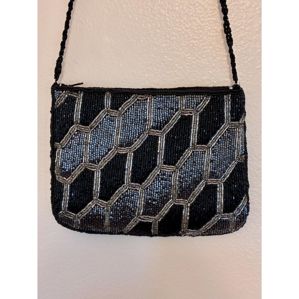 Vintage Beaded Bag, Blue and Silver, La Regale Handmade in Macau